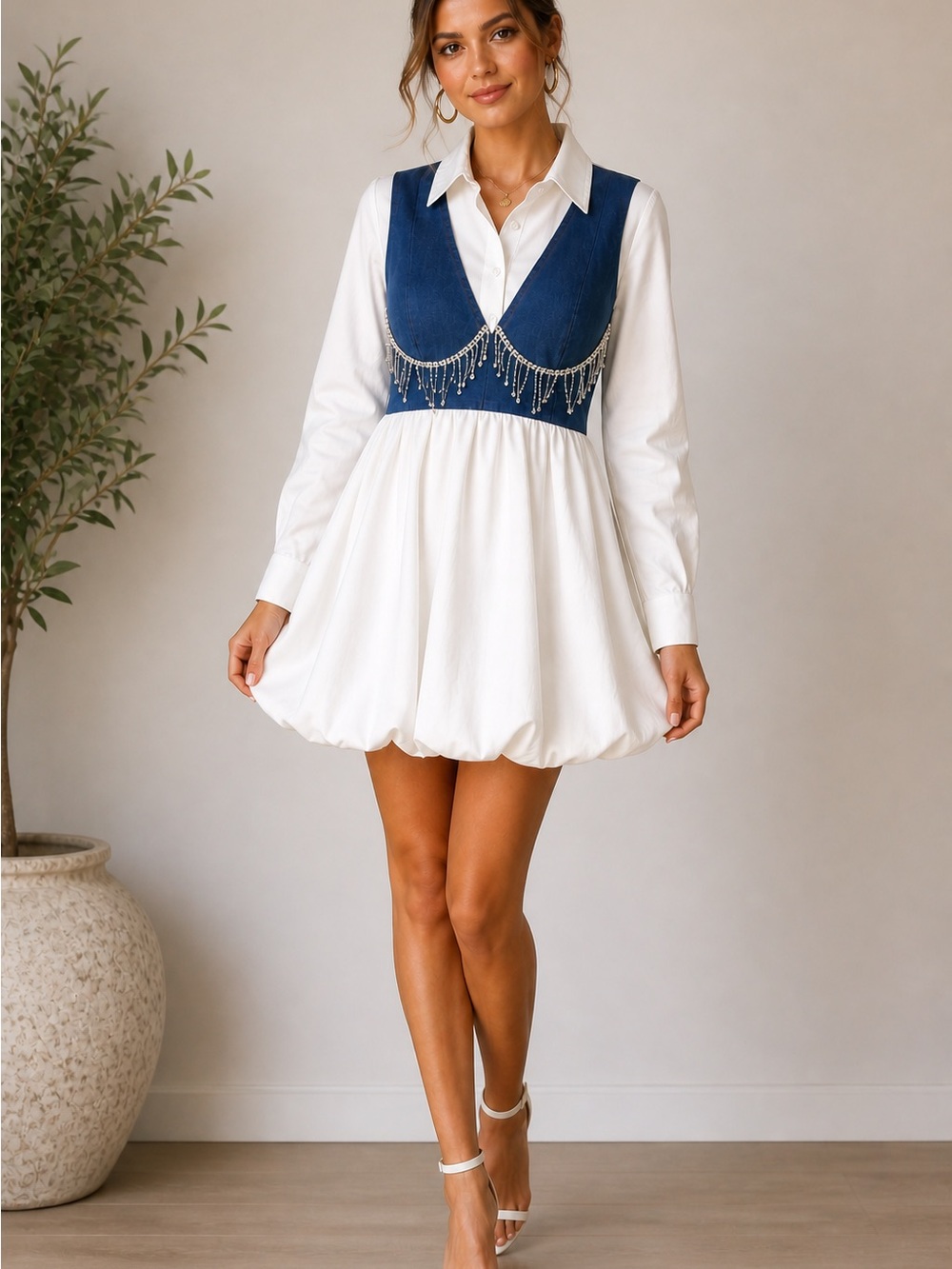 Hot & Delicious White Bubble Hem Mini Dress Denim Bustier Rhinestone Size L